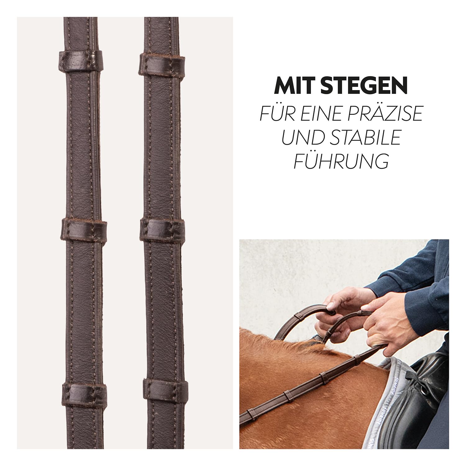 SUNRIDE riendas de Seguridad para Caballo (NoPanic) con Cierre magnético – Sistema MagneticForce – Goma con topes – Cuero auténtico Hecho a Mano – Antideslizantes y Resistentes (marrón, Full)
