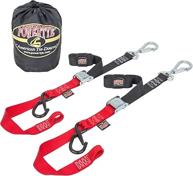 PowerTye 1.5 inch x 6 ft Deluxe Soft-Tye Tie-Down Straps with Swivel Latch Hook & Storage Bag, Black/Red Pair