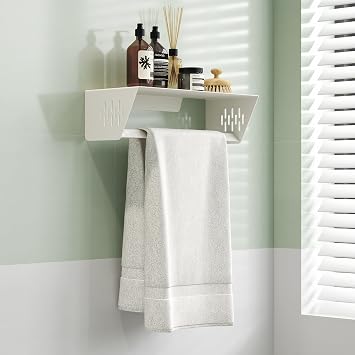 Qeke Bathroom Lavatory Towel Rack, Wall Mount Towel Holder Towel Hanger Shelf with Towel Bar, SUS 304 Stainless Steel Towel Rack for Bathroom and Lavatory, Matte White, 14 Inch