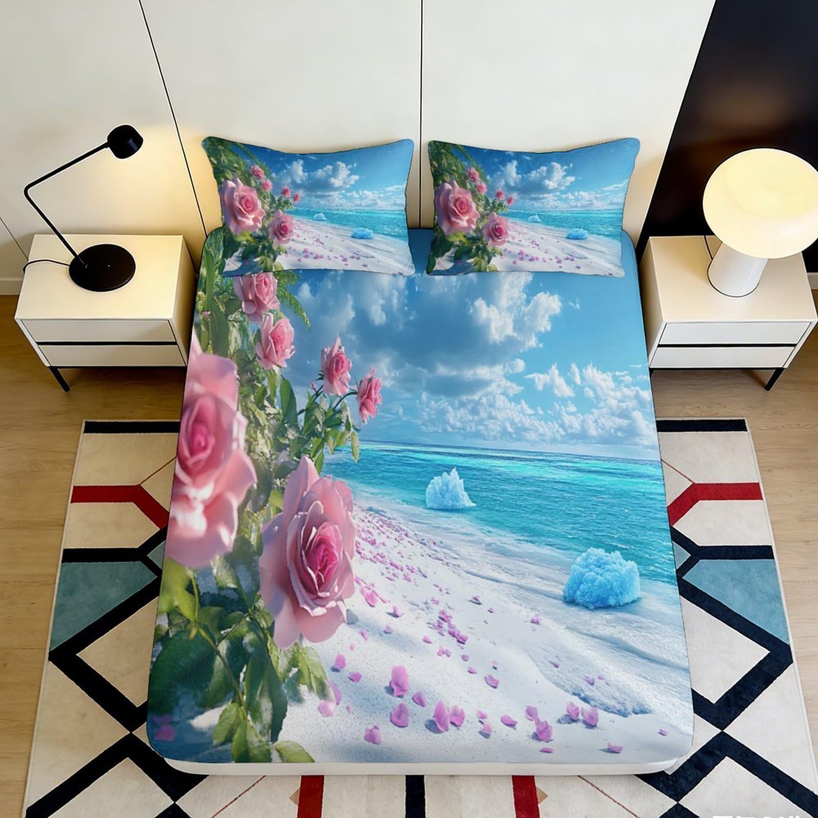 3D Printed Ocean Blue Wave Fitted Sheet Microfiber Soft Anti-Slip Cloud Bed Cover for Bedroom Guest Room Easy Care Decor 90x200x25cm