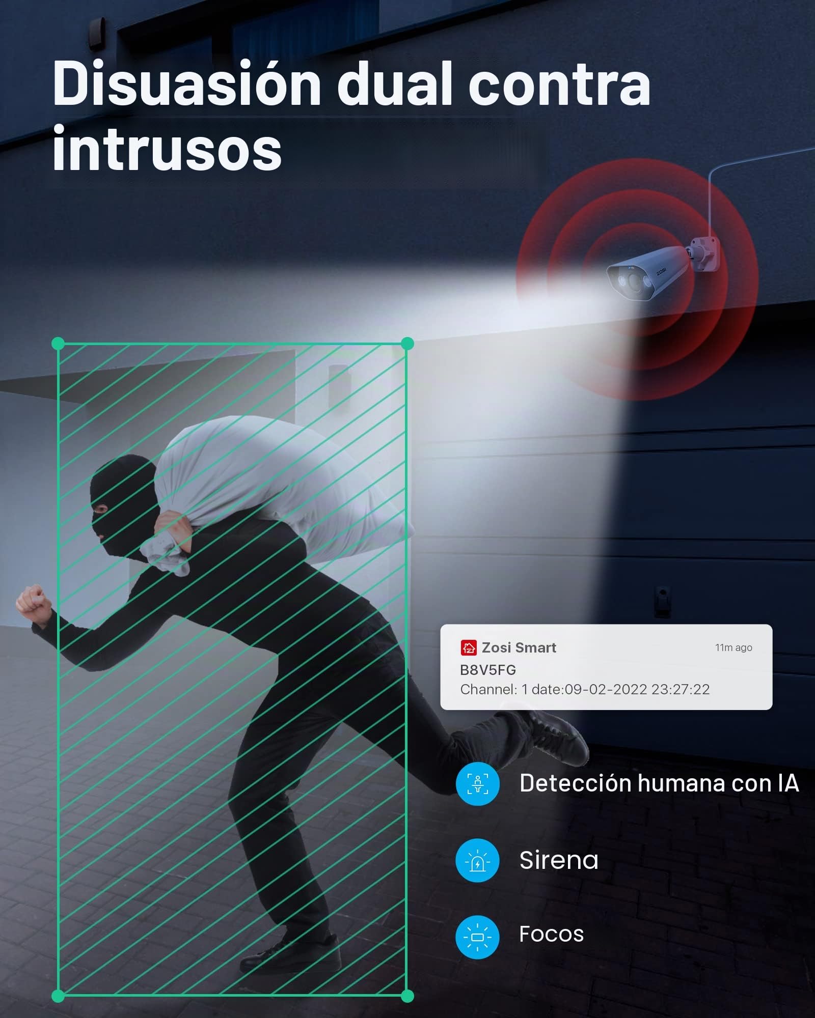 ZOSI Cámara de vigilancia PoE de 5 MP, 4 x 5 MP, HD, Color Exterior, visión Nocturna, Alarma de luz y Sonido, cámara para Sistema PoE NVR