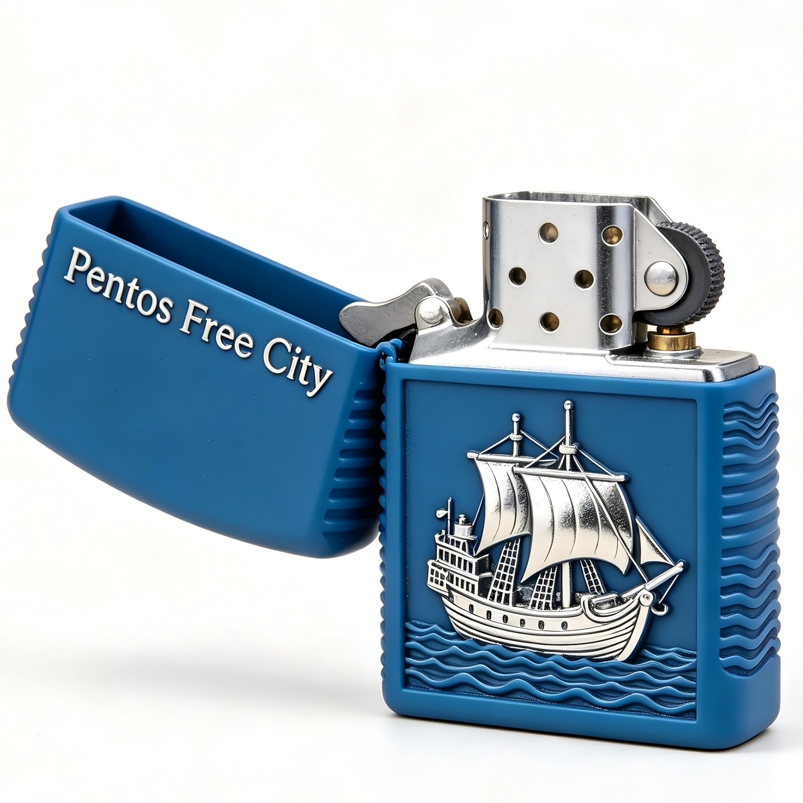 Vintage Sailboat Carved Flip Top Kerosene Lighter Reusable Windproof Wheel Grinding Pocket Lighter for Camping Hiking (A)