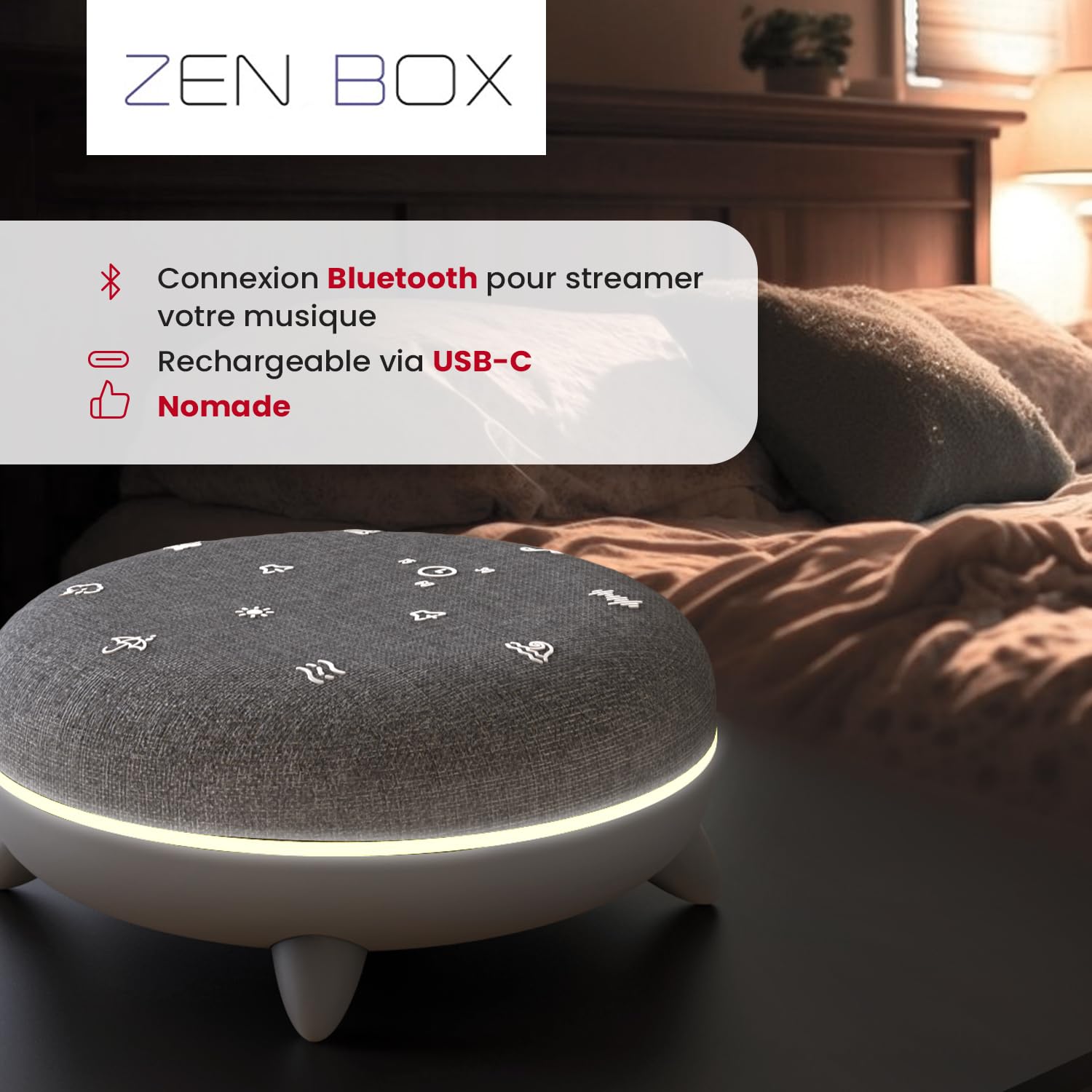 TERRAILLON ZEN BOX Machine à Bruit Blanc 7 sons apaisants Bluetooth 8 ambiances lumineuses programmes 30-60-90 min USB-C