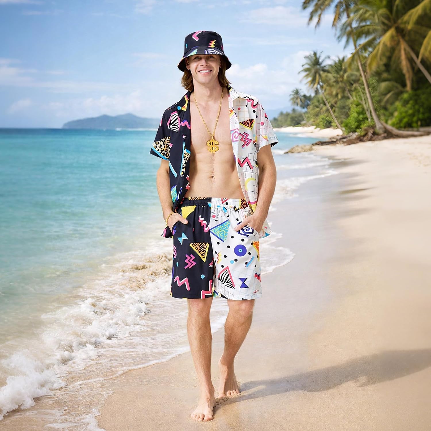 Owurha 80s 90s Outfit Men Retro Shirts and Shorts Set, Men 80s Tracksuit 90s Neon Theme Outfit for Men Disco Party Beach