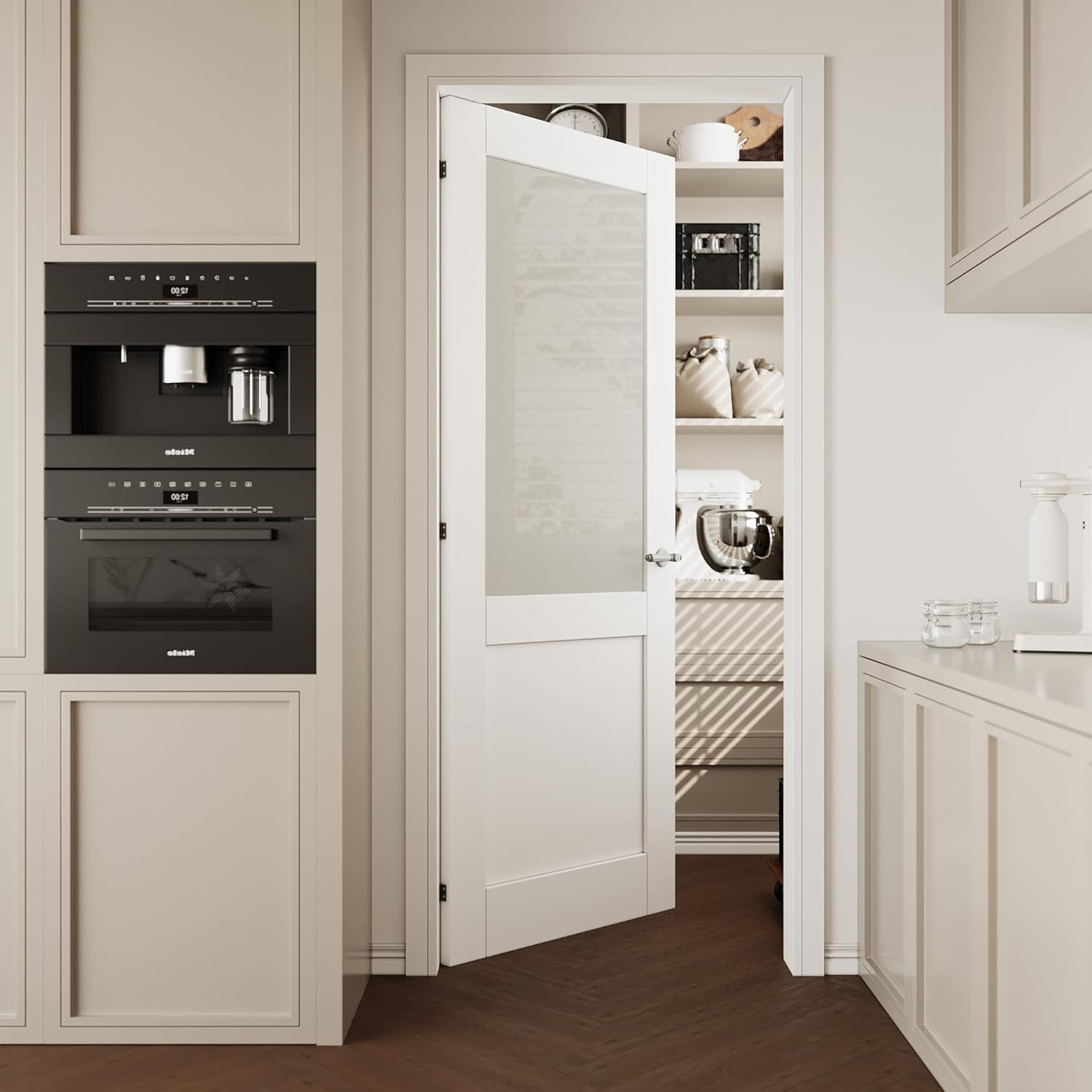 32''x80'' Half Frosted Glass Interior Door Slab Shaker, Pre-Built Panel for Barn Doors, Pocket Doors, French Door, for Pantry, Bedroom, Closet, Laundry & Bathroom, White Prefinish&Paintable