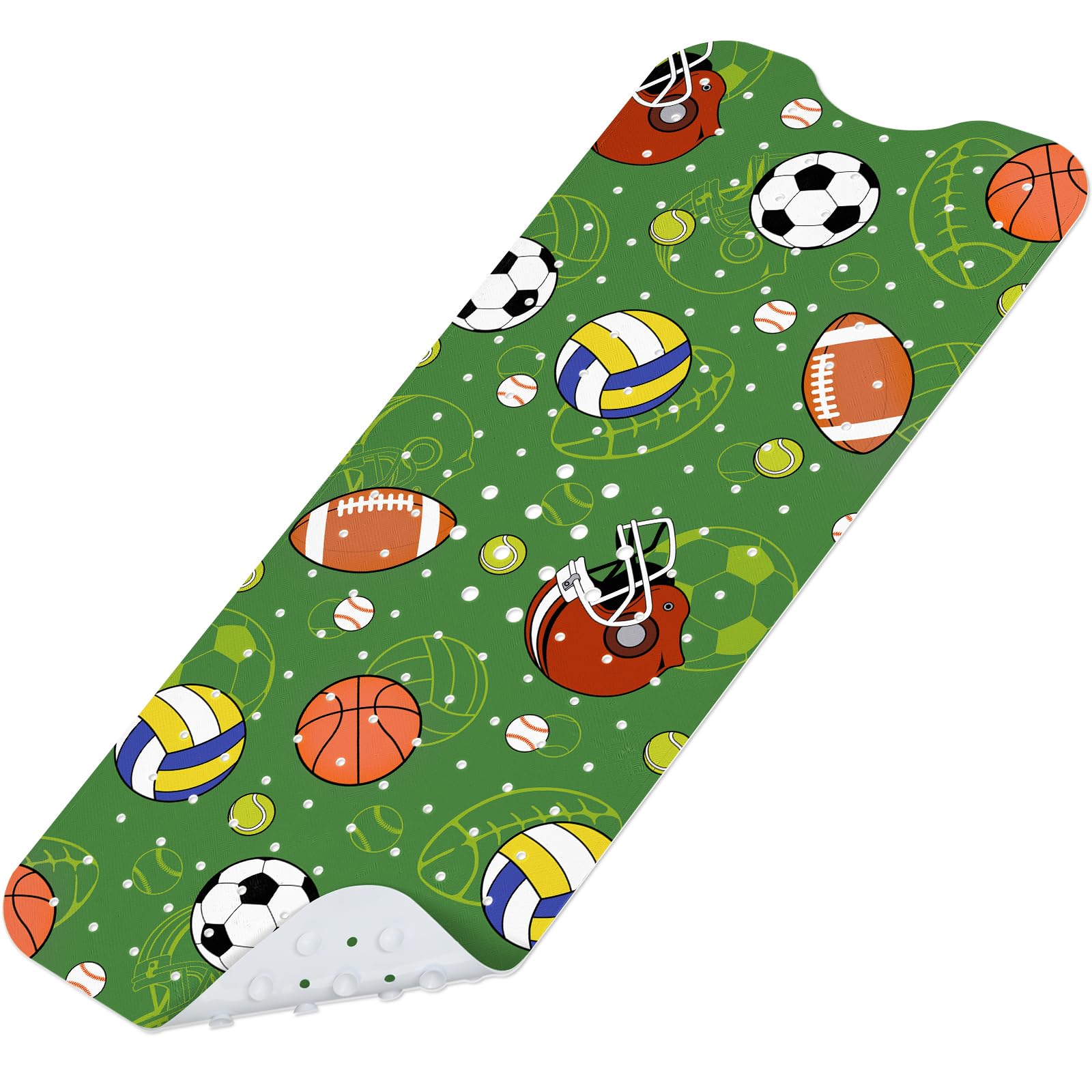 SHUCHING Bath Mat Non Slip Kids, Toddlers & Teens, Bathroom Shower Mat Anti Mold Machine Washable, Ball Sports Theme Green, 40 X 100cm Extra Long