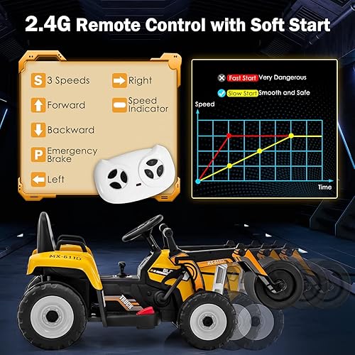 Miniatura 3 de HONEY JOY Coche de paseo eléctrico de 12 V con control remoto, tractor de batería para niños pequeños con rodillo de tambor ajustable, bocina y