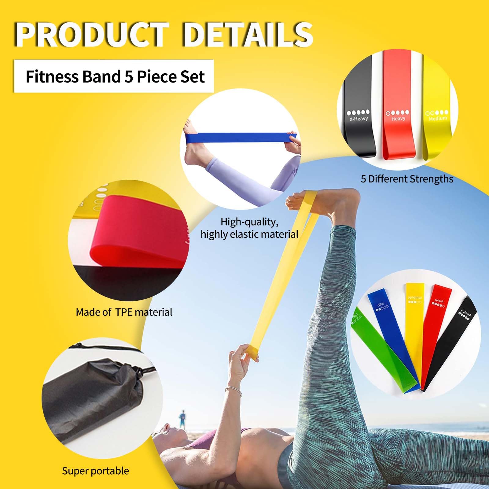 Set De 5 Bandas Elásticas De Fitness - Diferentes Niveles De Resistencia, Latex Natural - Para Glúteos, Piernas Y Entrenamiento En Casa