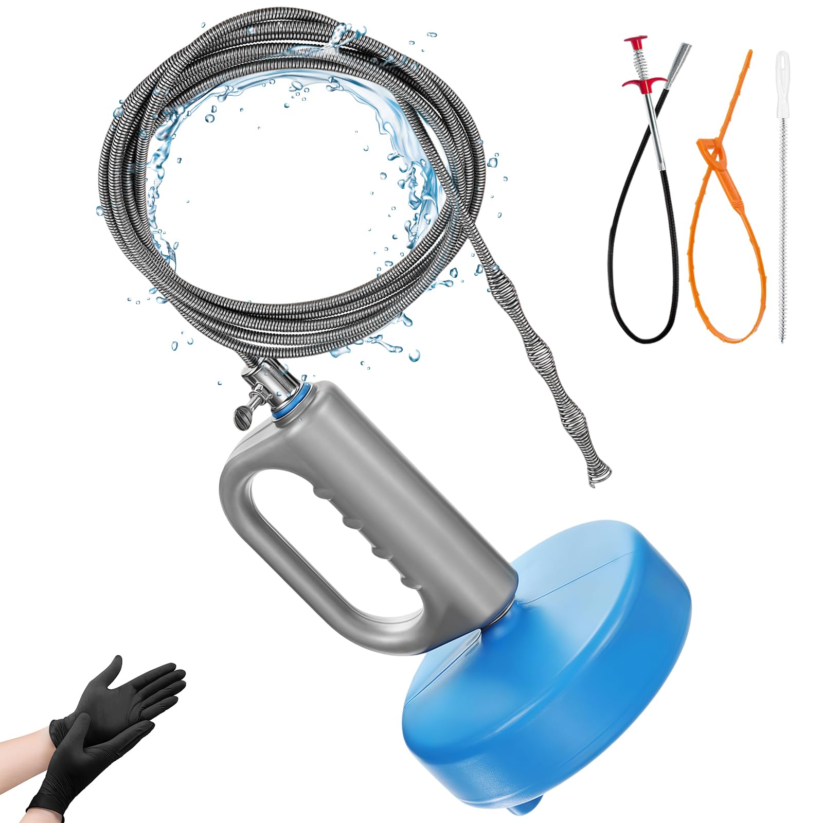 Molla Sonda Sturatubi 10M, Riutilizzabile Sonda Sturatubi Professionale con guanti,Stura Lavandini e Scarichi Kit di Attrezzi per Fognature, Cucine, Bagni, WC e tubi di Scarico Intasat