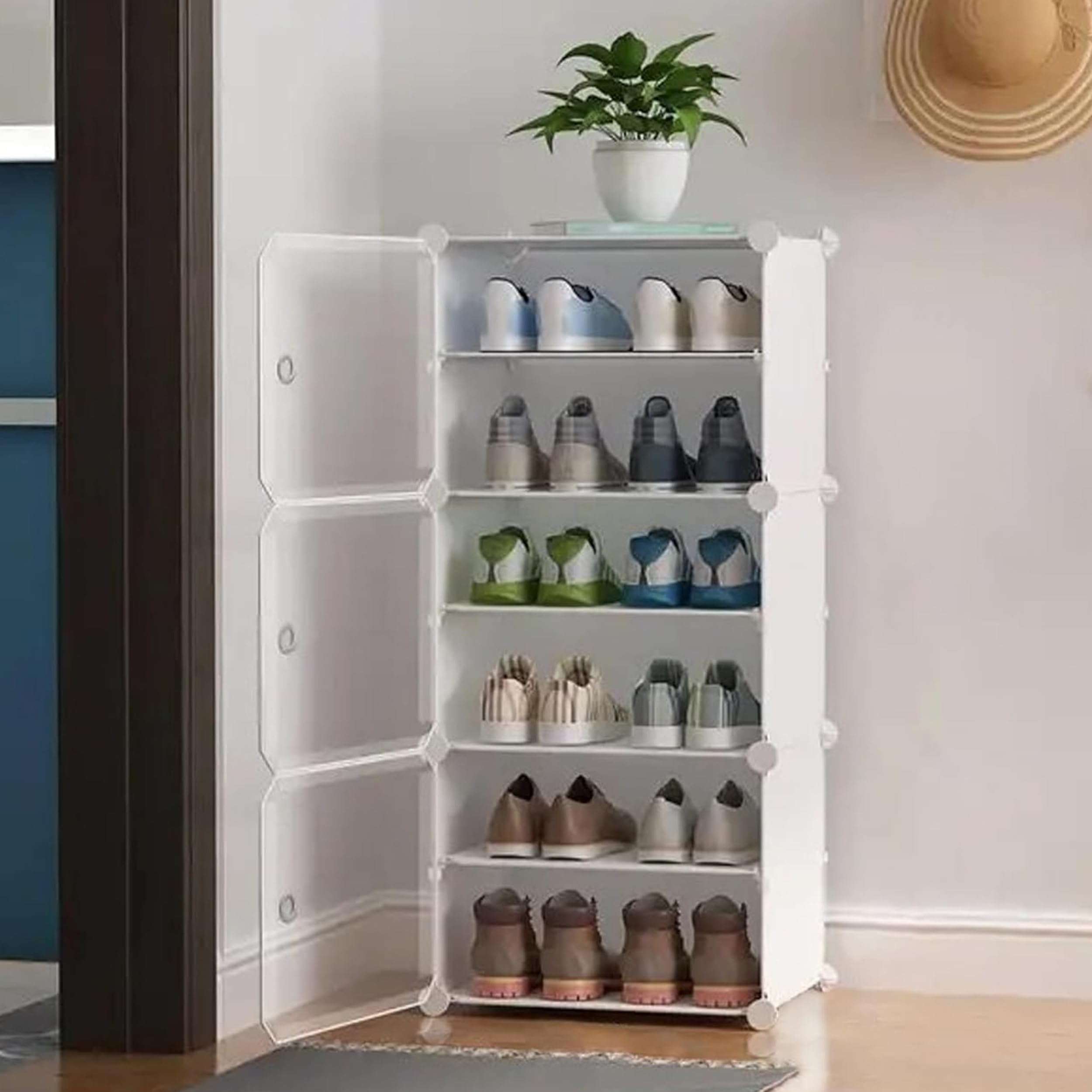 Zemic 𝟔 𝐒𝐡𝐞𝐥𝐟 Shoe Rack Plastic & 𝐏𝐥𝐚𝐬𝐭𝐢𝐜 𝐒𝐡𝐨𝐞 𝐑𝐚𝐜𝐤 𝐟𝐨𝐫 𝐇𝐨𝐦𝐞 Storage Plastic Organizer with Door for Entryway, Chappal Slipper Sandals Stand【White, 6-Shelf-3-Door】-image-42