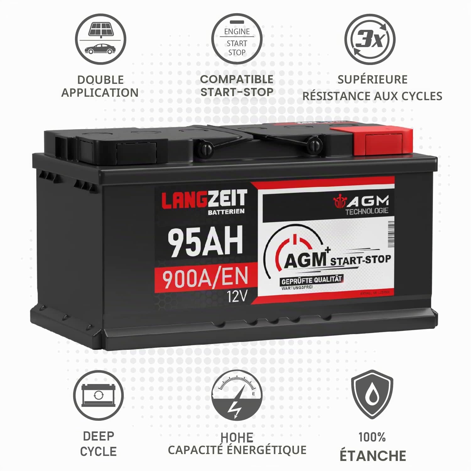LANGZEIT batterie voiture AGM 95Ah 12V start-stop auto remplace 90Ah 92Ah