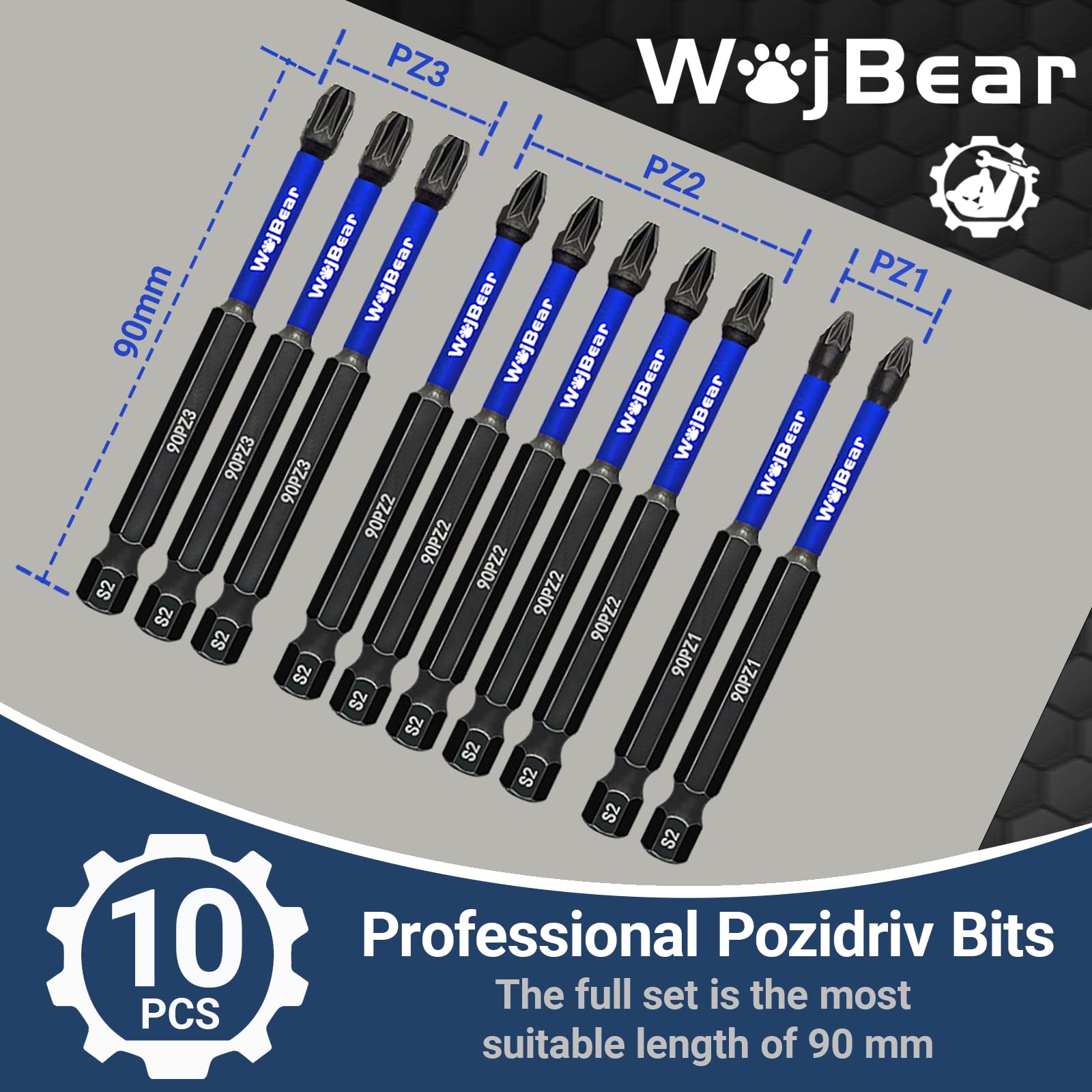 WojBear 10Pcs PZ1*2 PZ2*5 PZ3*3 Magnetic Impact Driver Bits, 90 mm Long Magnetic Pozidriv Screwdriver Bits - Image 2