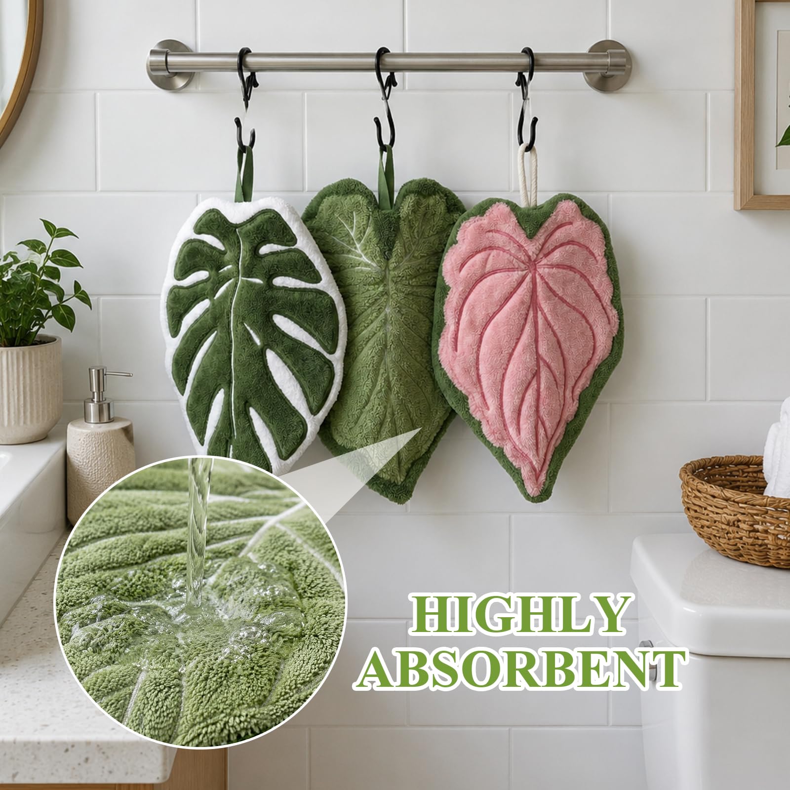 Kreative Tovaglioli da Mano Set da 3, Asciugamani da Cucina Appesi, Carino Coral in Pile con Motivo Tropicale, Assorbenti, Ad Asciugatura Veloce E Senza Peluc