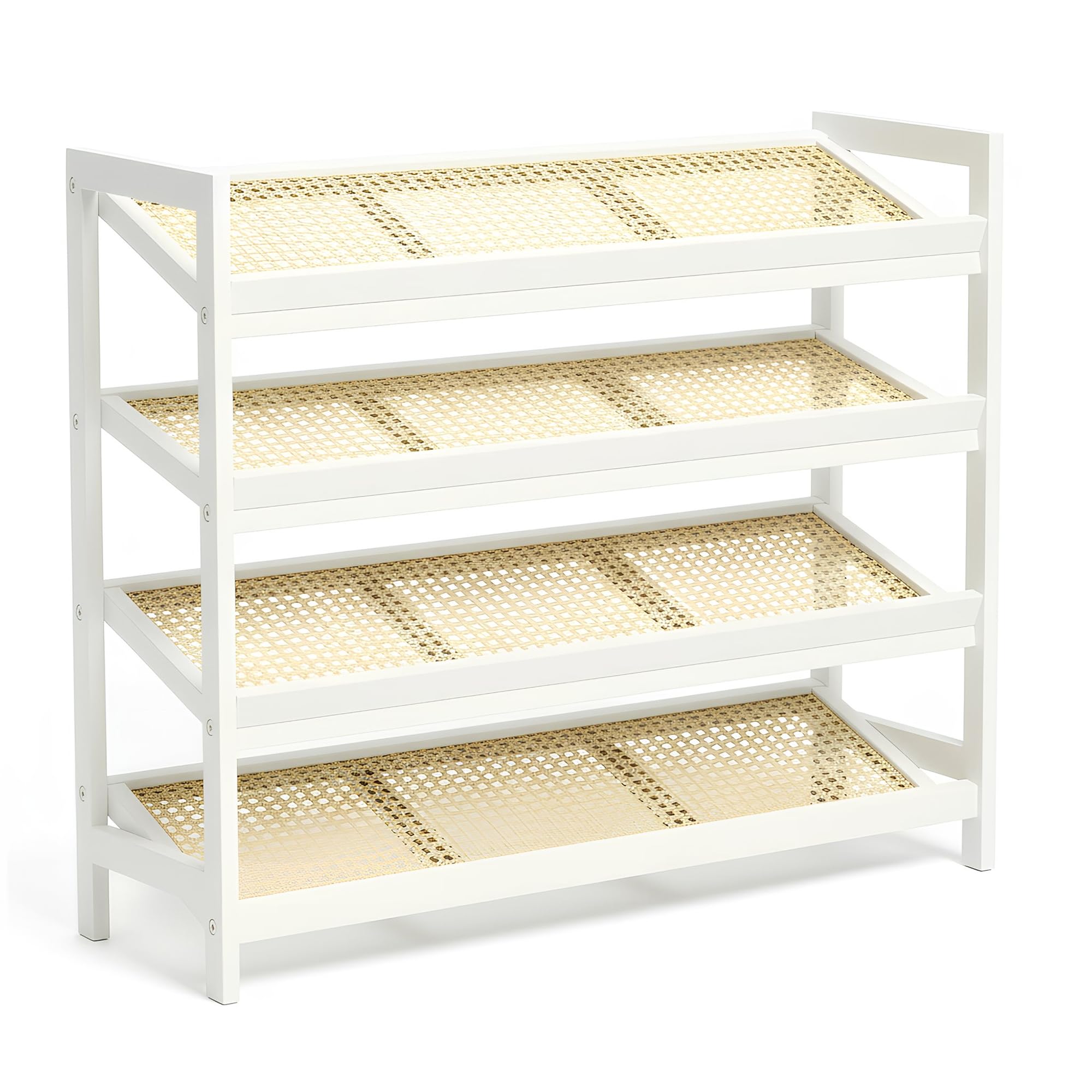 KEPLIN 4 Tier Bamboo and Rattan Shoe Organiser Rack – Eco-Friendly, Durable, Easy Assembly – Compact Design for Entryway, Closet, or Hallway – Stylish and Functional Storage – White and Natural