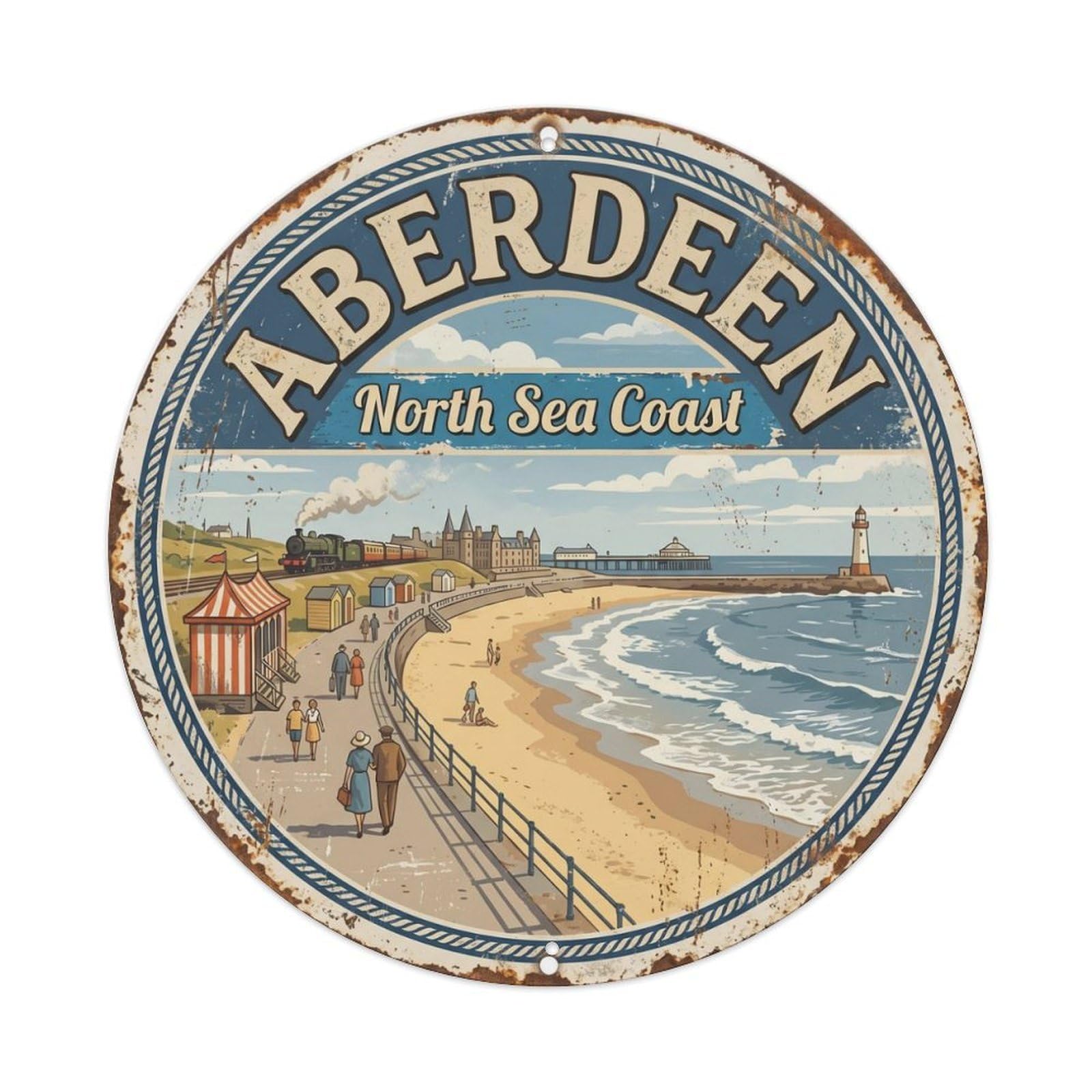 Vintage Travel Aberdeen Beach Coastline Metal Tin Sign Plaque Wall Decor for Cafe, Club Bar, Office, Home Garden Round Metal Poster 8x8Inch
