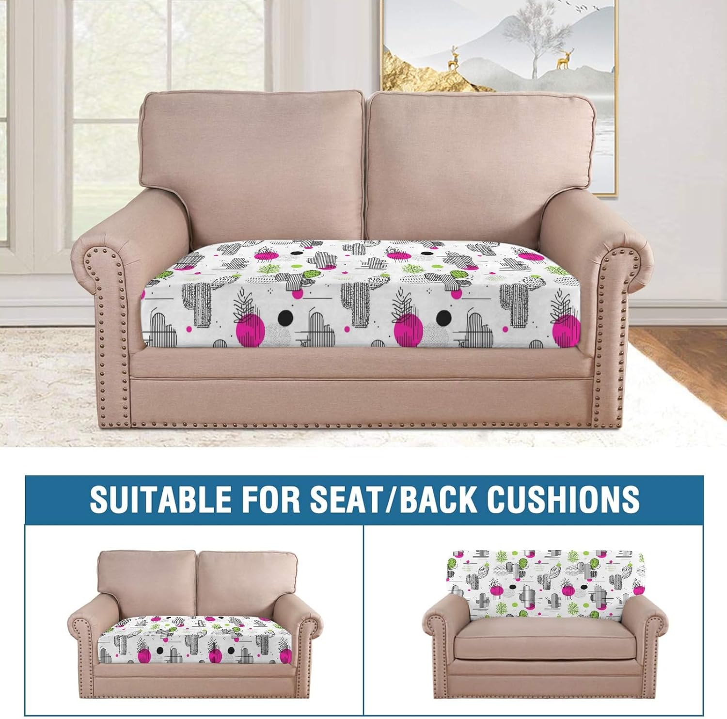 Doodle Cactus Art Loveseat Covers Couch Covers for 2 Cushion Couch, 2-Piece Stretch Sofa Slipcovers Anti-Slip Washable Furniture Protectors for Dogs Pets