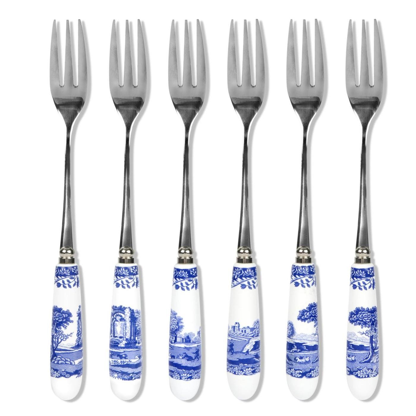 Spode Blue Italian Pastry Forks - Set of 6 Stainless Steel Dessert Forks with Porcelain Handles, Featuring Countryside Scene - Gift Box Included for Dining & Hosting, For Appetizer & Dessert