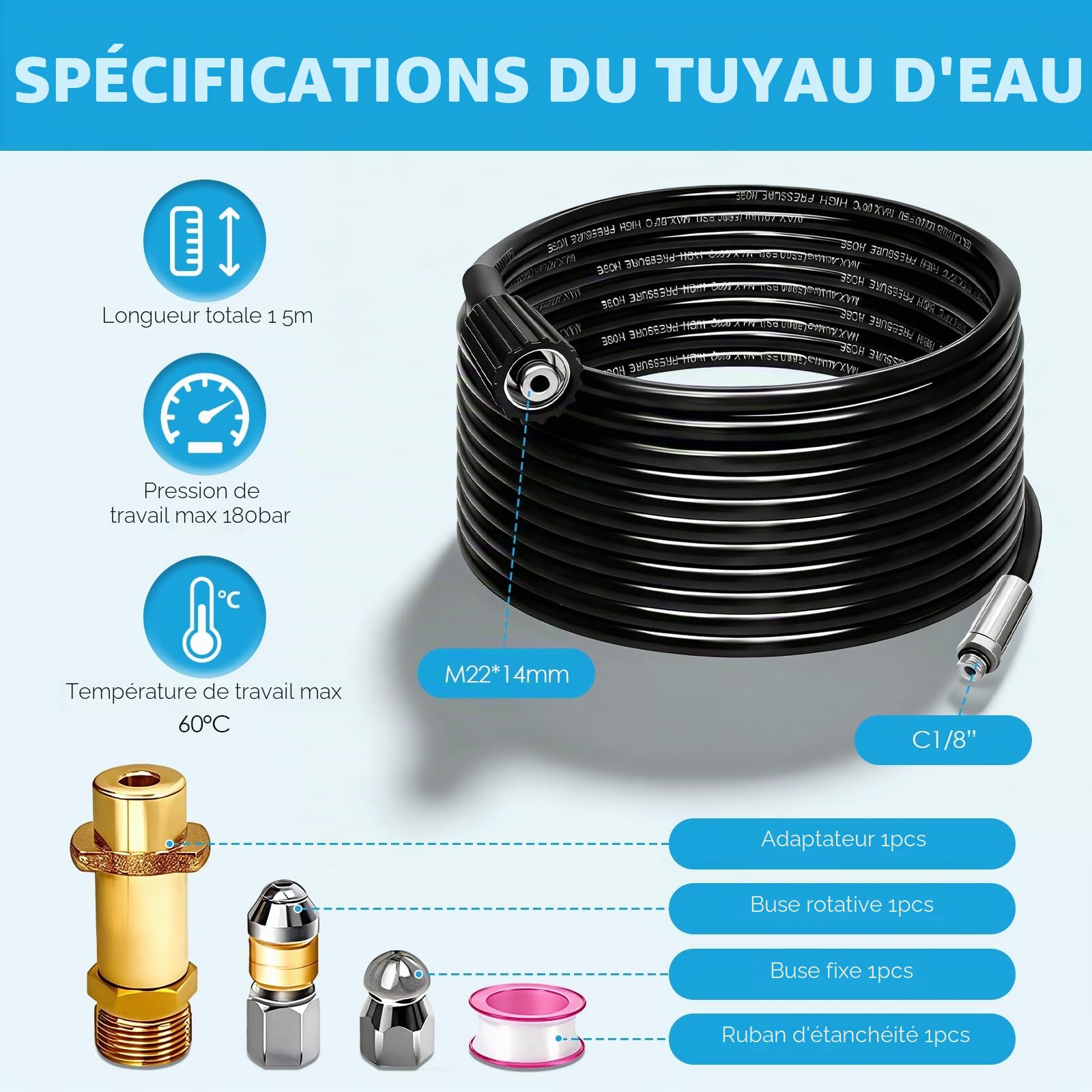 Tuyau de Nettoyage de Canalisations 15m, 180 bar avec Buse Rotative & Adaptateur M22 - Compatible avec Kärcher K2/K3/K4/K5/K6/K7 et Universel