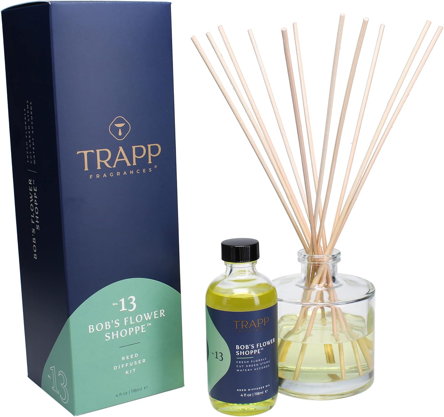 Trapp - No. 13 Bob's Flower Shoppe - Reed Diffuser Kit - 2 Sets of 12 Reeds, Scented Diffuser Oil (4 oz.), Vase - Long Lasting Scent Notes of Fresh Florals, Cut Green Stems, and Watery Accords