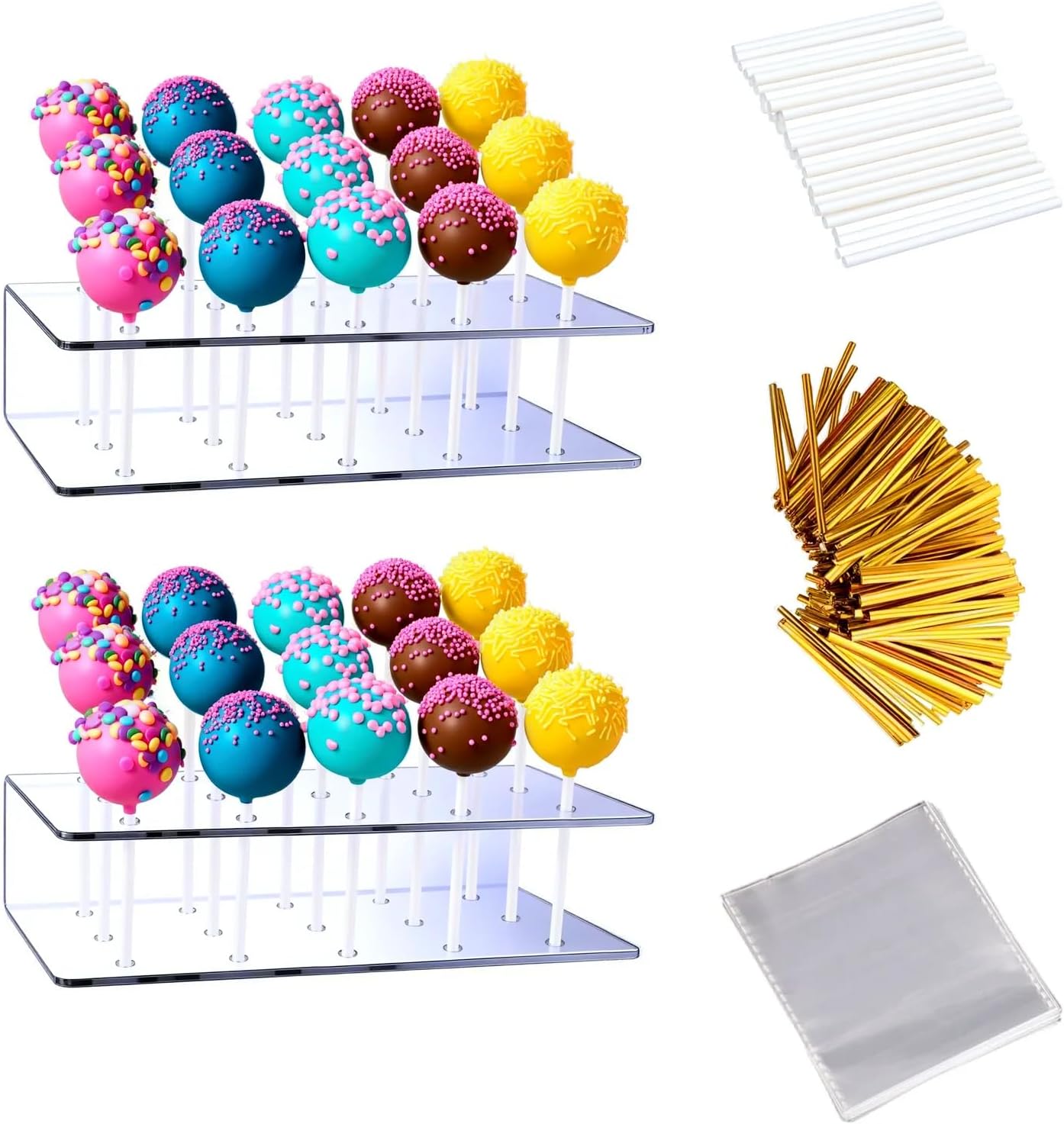 2PCS Cake Pop Display Stand with 300 PCS Cake Pop Sticks and Wrappers Kit, 15 Hole Clear Acrylic Lollipop Holder for Weddings Birthday Parties Halloween Candy Decorative