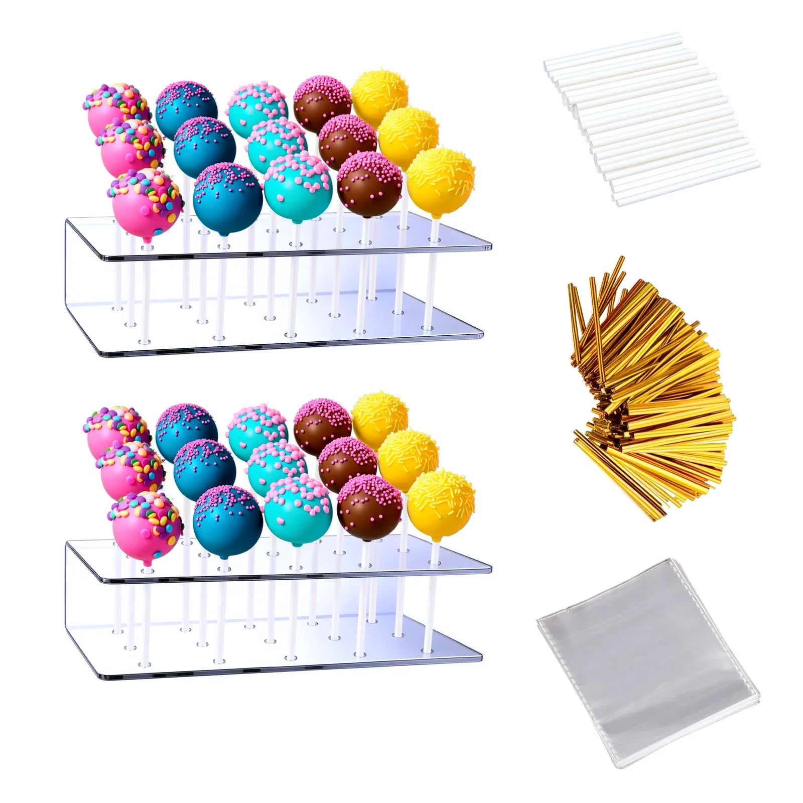 Aongch 2PCS Cake Pop Display Stand with 300 PCS Cake Pop Sticks and Wrappers Kit, 15 Hole Clear Acrylic Lollipop Holder for Weddings Birthday Parties Anniversaries Halloween Candy Decorative