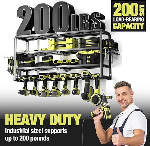 Vista 25 de Organizador de herramientas eléctricas de 4 capas para montaje en pared, soporte para herramientas de batería con estante de estación de carga
