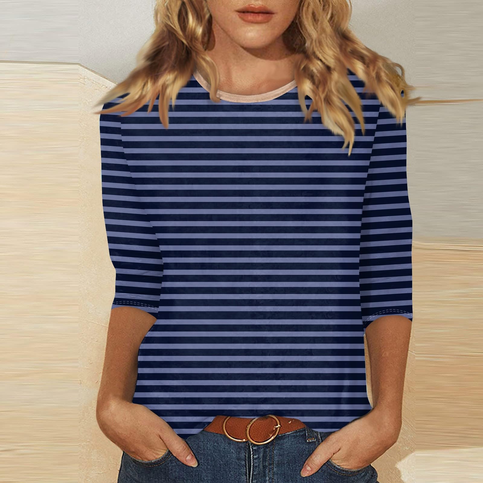 3/4 Sleeve Tops for Women Round Neck Striped T Shirts Casual Cute Three Quarter Sleeve Loose Fitting Blouses Vintage Workout Vacation Party Summer Tunic Tops Womens Tunic Tops 3/4 Sleeve 2025 Navy