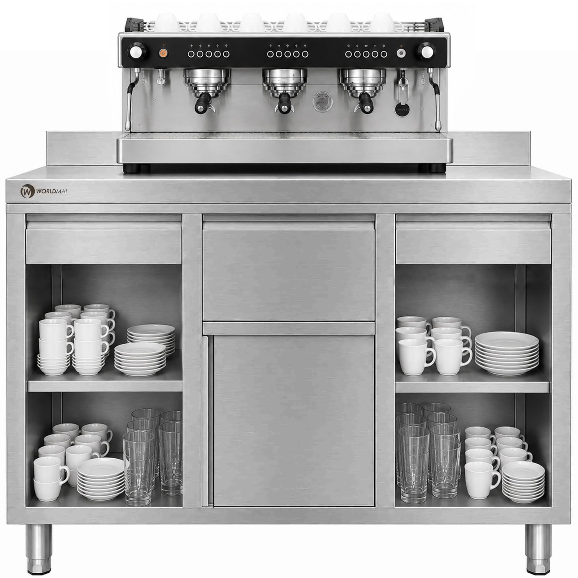 Mueble cafetero Industrial en Acero Inoxidable 150 x 60 cm hostelería. Mesa Profesional para máquina de café de Bar y Restaurante.