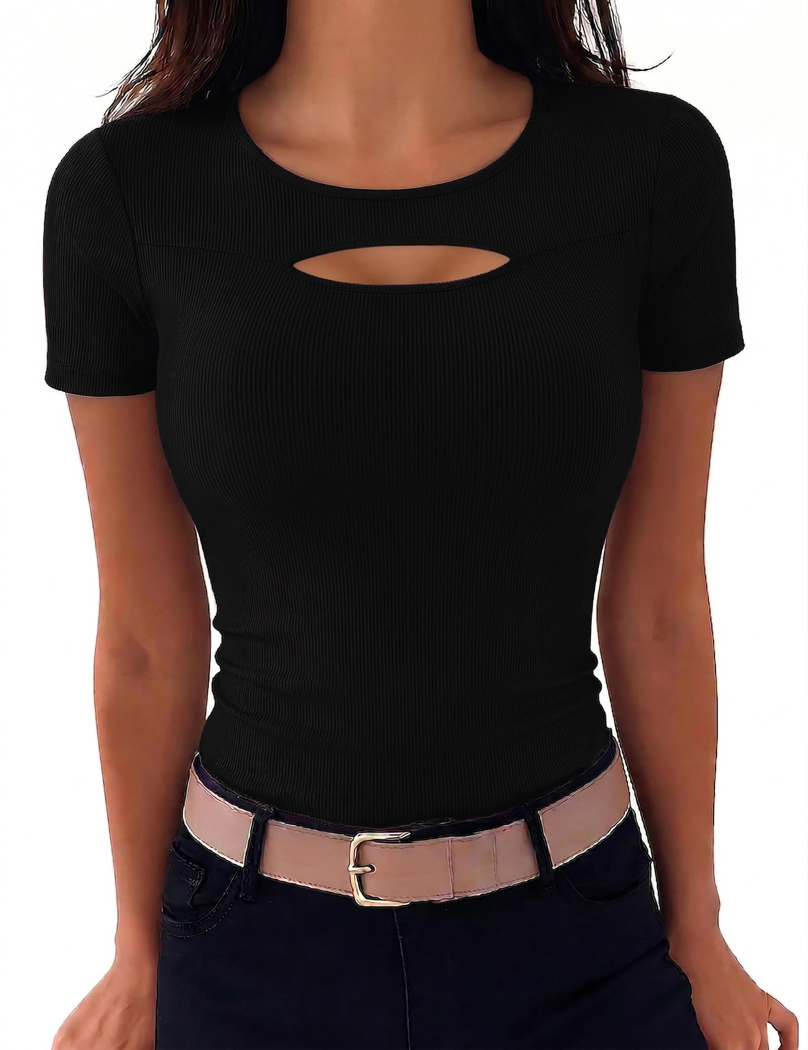 Aottori T-Shirt Damen Rundhals Sommer Oberteile Kurzarm Cut Out Gerippt Basic Tee Shirts Elegant Slim Fit Tshirt Stretch Casual Tops Einfarbig