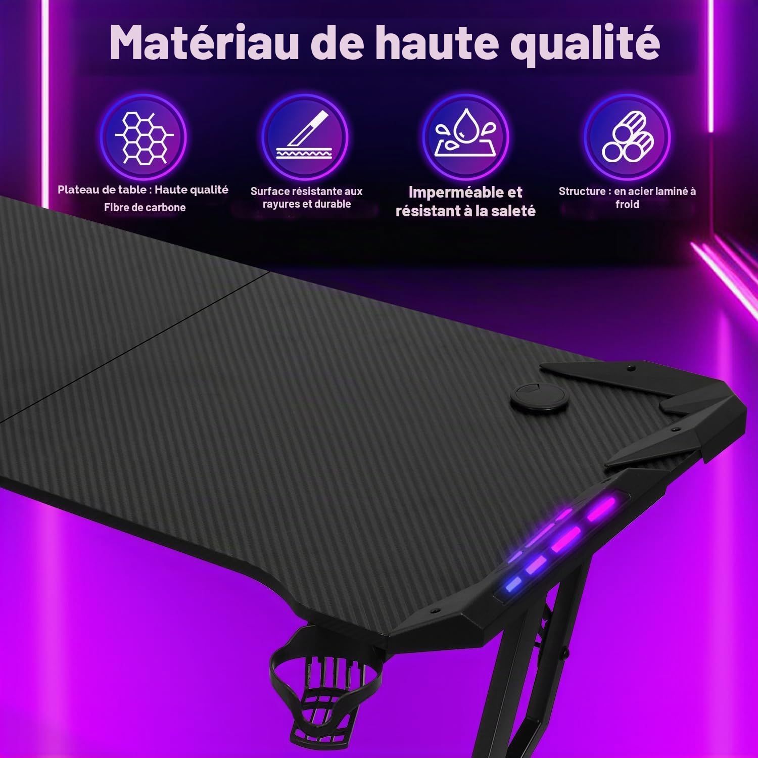 Bureau Gaming LED 140 x 60cm, Grande Bureau Gamer avec Un Plateau en Fibre de Carbone, Bureau Informatique Ergonomique avec Tapis de Souris, Porte-gobelet et Crochet pour Casque, Noir