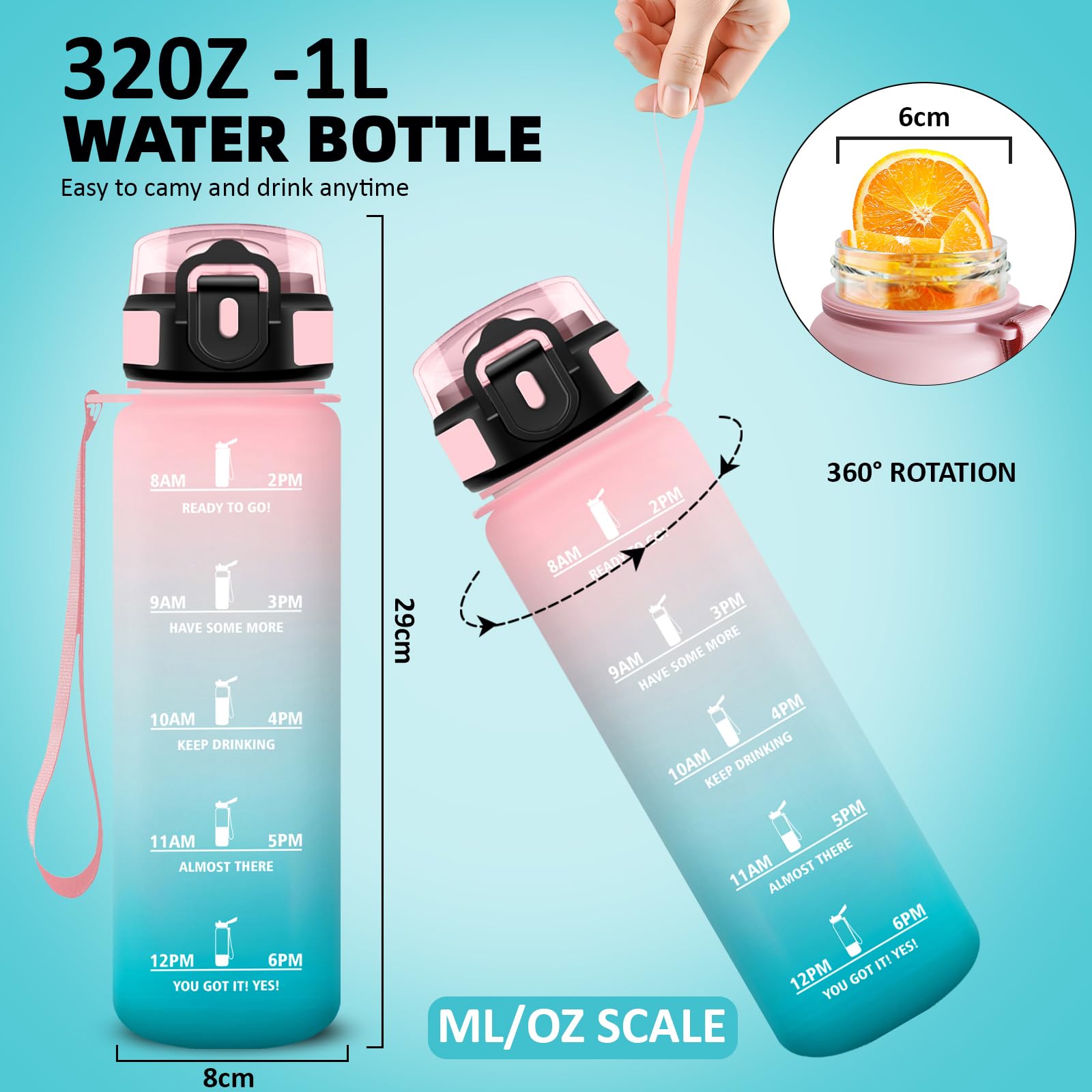 Botella Agua 1 litro, Botella Agua Gimnasio con Pajita, Diseño de Cerradura, Cantimplora, con Marcador de Tiempo, A Prueba de Fugas Cantimplora para Exteriores, Bicicleta, Gimnasio — view 5