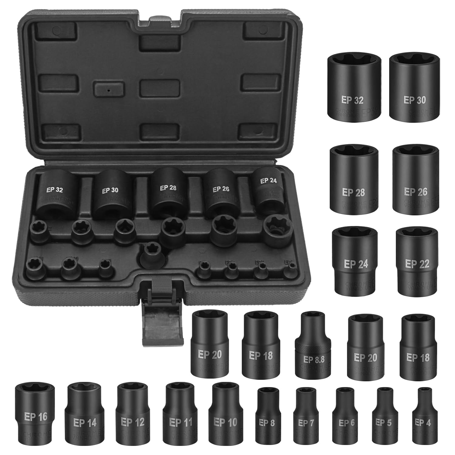 19 Pcs External Torx Plus Socket Set 6 Point Ep Socket & Torque Socket Set,Inverted Torx Socket Set,E Torx Socket Set,Cr-V Steel Ep4-Ep32 With 1/2'' 3/8'' 1/4'' In A Sturdy Box