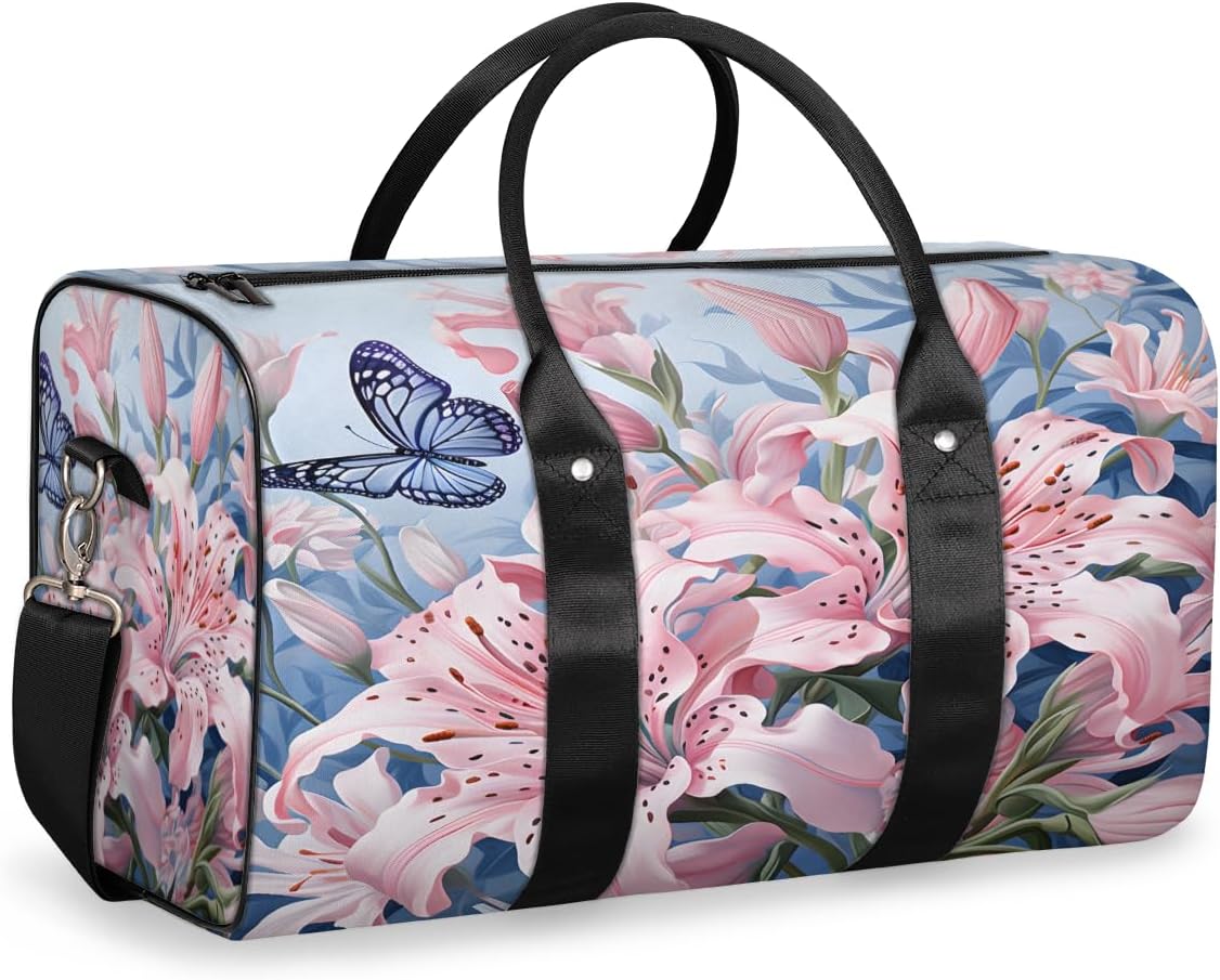 Lily Flower Butterfly Travel Duffel Bag for Women Men Large Capacity Overnight Weekender Bags for Lightweight Waterproof Sport Gym Bag for Workout Yoga Swim