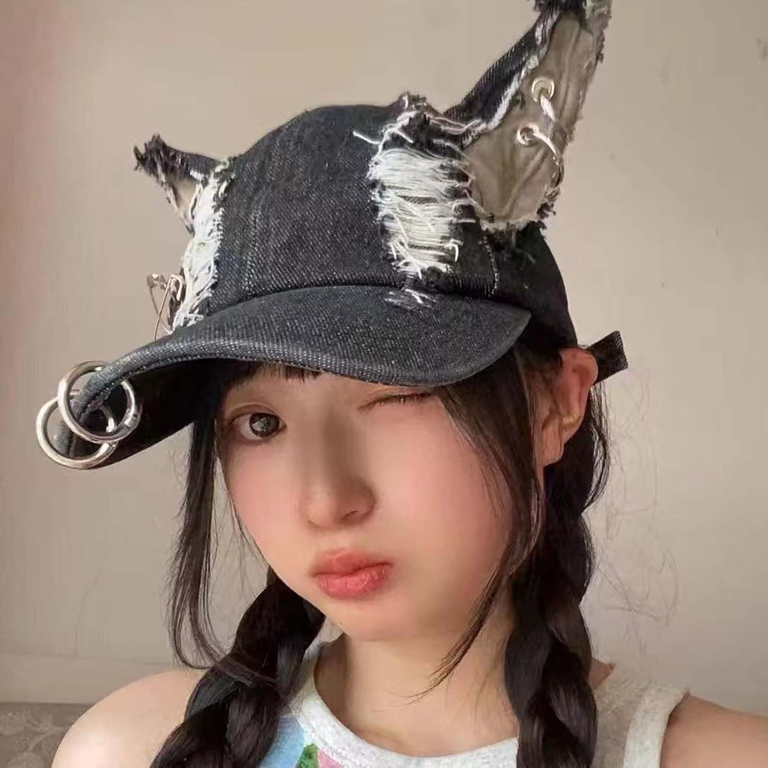 with Ears Y2k Grunge Metal Iron Ring Chain Distressed Denim Baseball Cap Sun Caps Hiphop Dance Hat