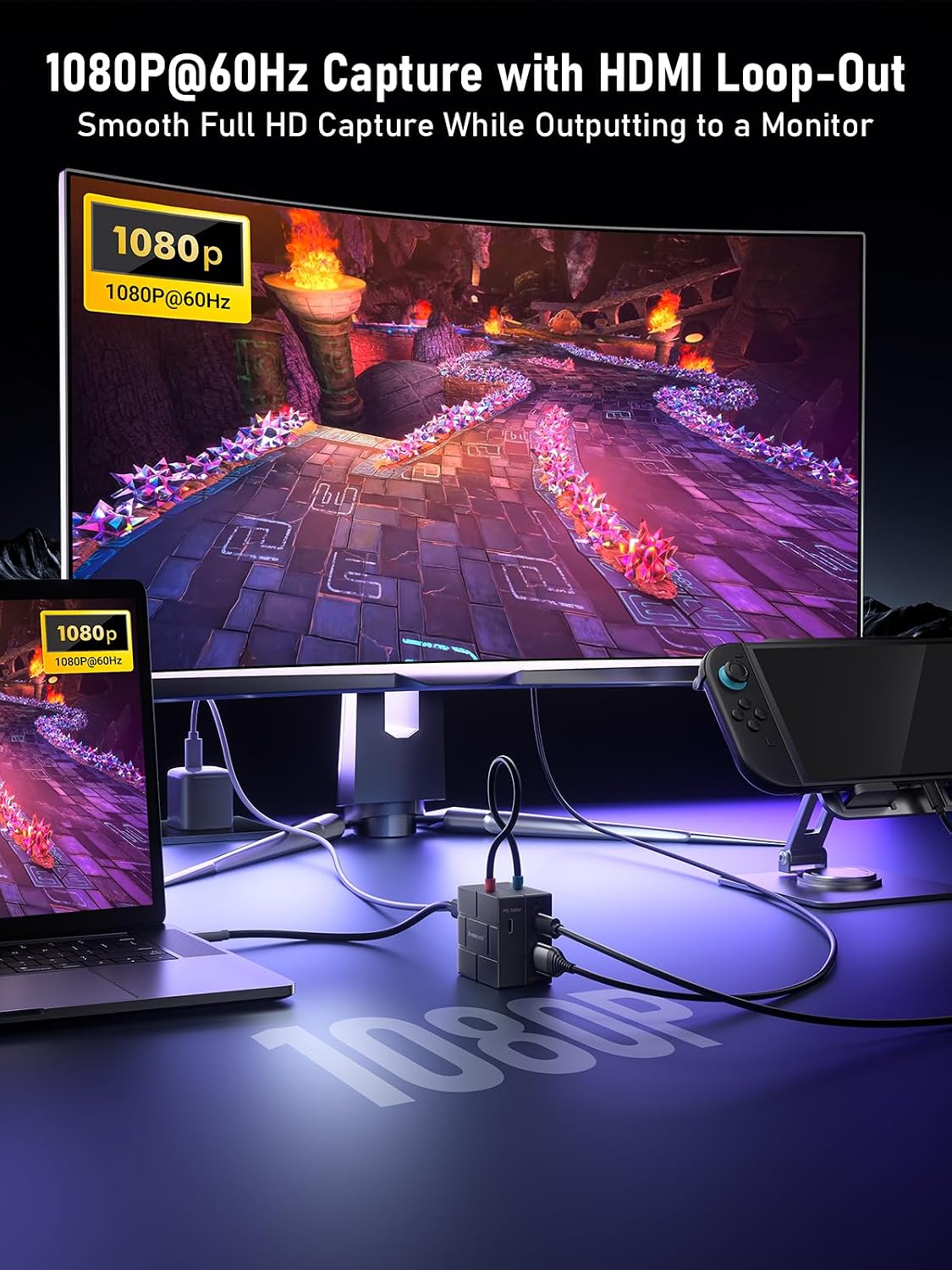 Lemorele USB-C Video Capture Card 1080P 60Hz, Dual 100W PD Charging, HDMI Loop-Out, Low Latency for Streaming Gaming, Compatible with Nintendo Switch, Steam Deck, Phones, Tablets, PC, Mac, OBS