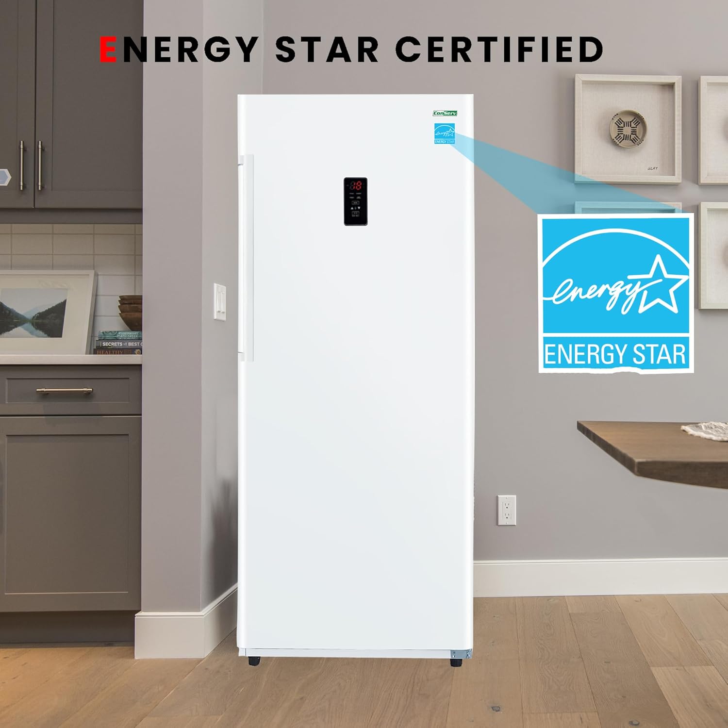 Conserv 14cf Upright Freezer CONVERTIBLE REF Garage Ready 28in wide 110V(White)