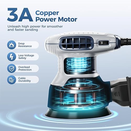 Miniatura 8 de Lijadora orbital aleatoria, 6 velocidades variables con bolsa de polvo, 360W, lijadora de mano de palma para carpintería, lijadora eléctrica de mano