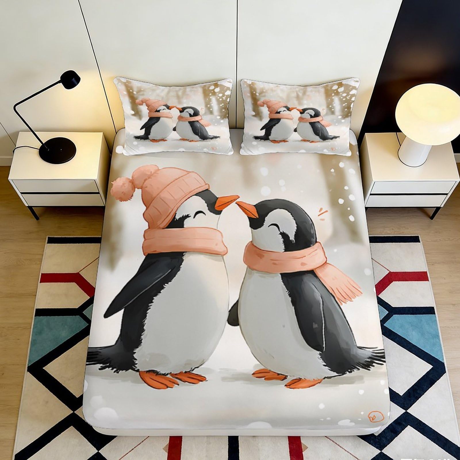 3D Printed Cute Penguin Fitted Sheet Microfiber Non-Slip Deep Pocket Bedroom Bedding Penguin Mattress Fitted Cover 140x200x25cm