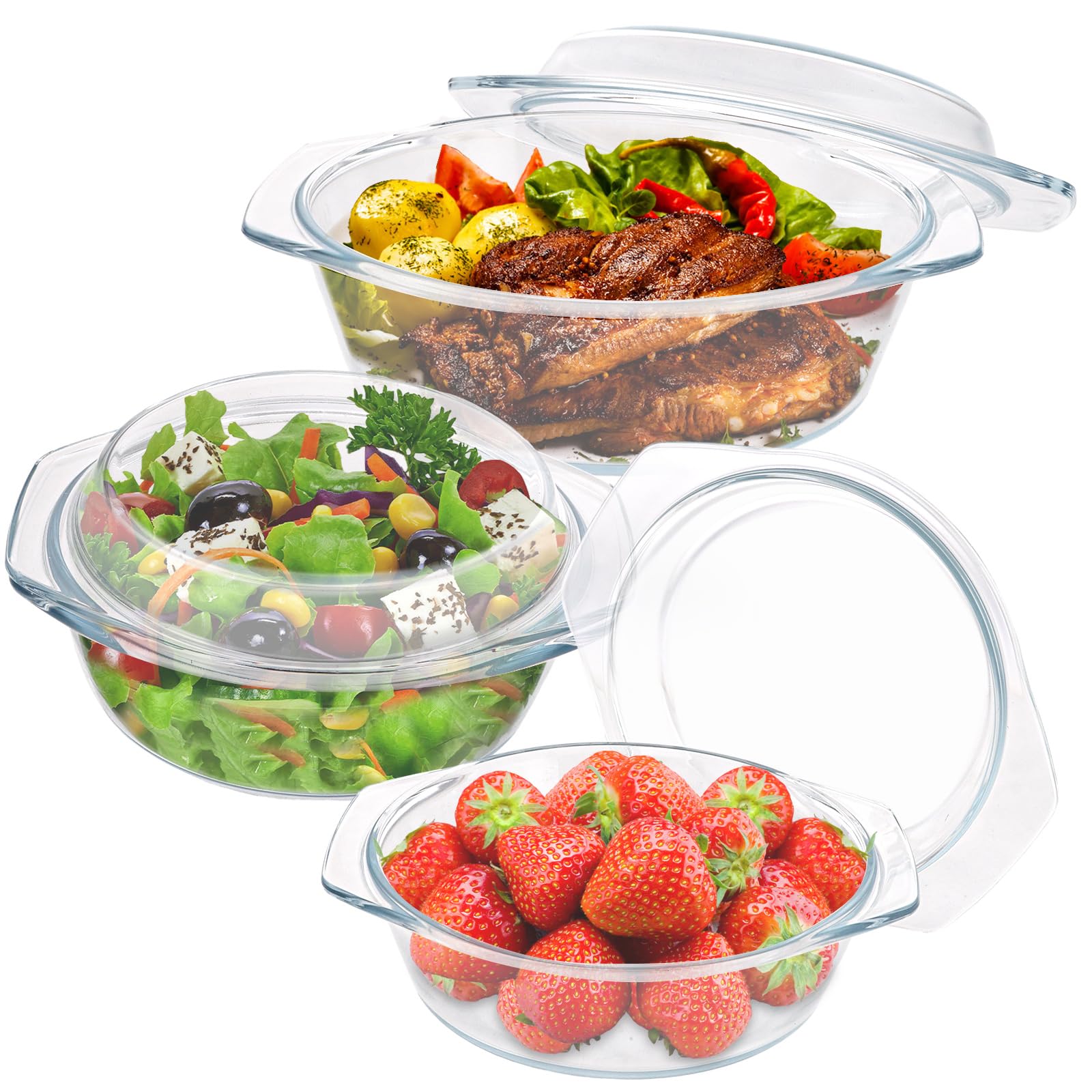 DAJAVE 3 Stück Auflaufform Glas mit Deckel 650/1000/1400ml Rund Glas Auflaufform rund mit deckel, Mikrowellengeschirr glas mit Deckel und Griffen, Auflaufformen mit deckel für Obstsalat, Fleisch