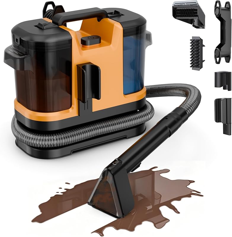 Portable Carpet Cleaner Machine 19kPa Upholstery Spot Cleaner Machine | Handheld Furniture Shampooer Deep Cleaning for Rug, Couch, Car Seat, Pet Stain, with 2 Brush Head, Yellow