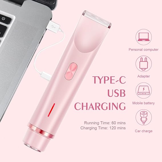 Lady Shaver for Women - Electric Bikini Trimmer for Women, 2-in-1 Women's Body Trimmer，Painless Hair Removal for Face, Body & Intimate Areas （Pink）