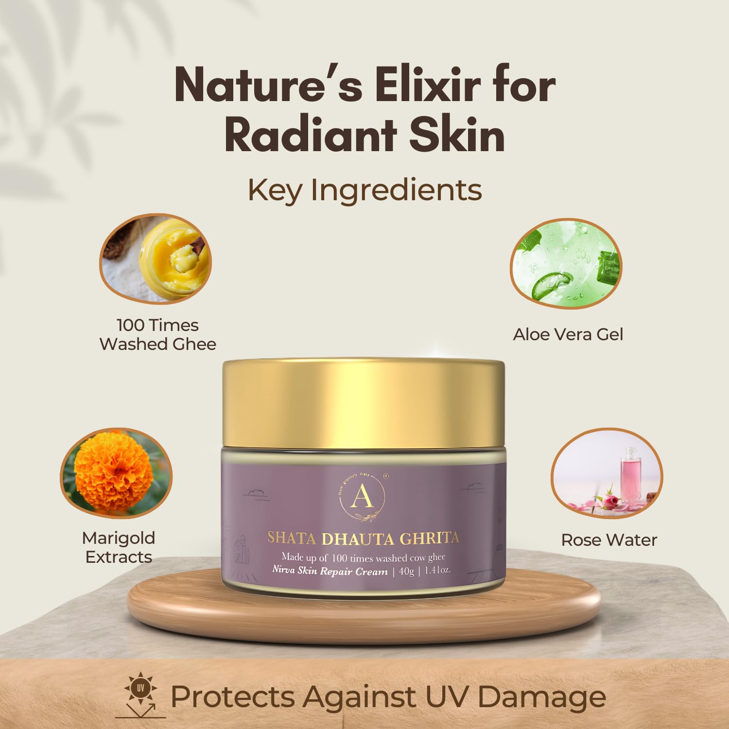 ADHYAY Shata Dhauta Ghrita Skin Renewal Cream Nourishing Hydrating & Age-Defying Ayurvedic Formula Wrinkle Repair & Skincare Infused with 100 times washed Cow Ghee & Marigold Extracts 40 g (Pack of 1)