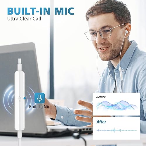 Miniatura 4 de Auriculares USB C para iPhone 15 Pro Max Plus iPad, auriculares tipo C, aislamiento de ruido con micrófono, control de volumen estéreo, auriculares