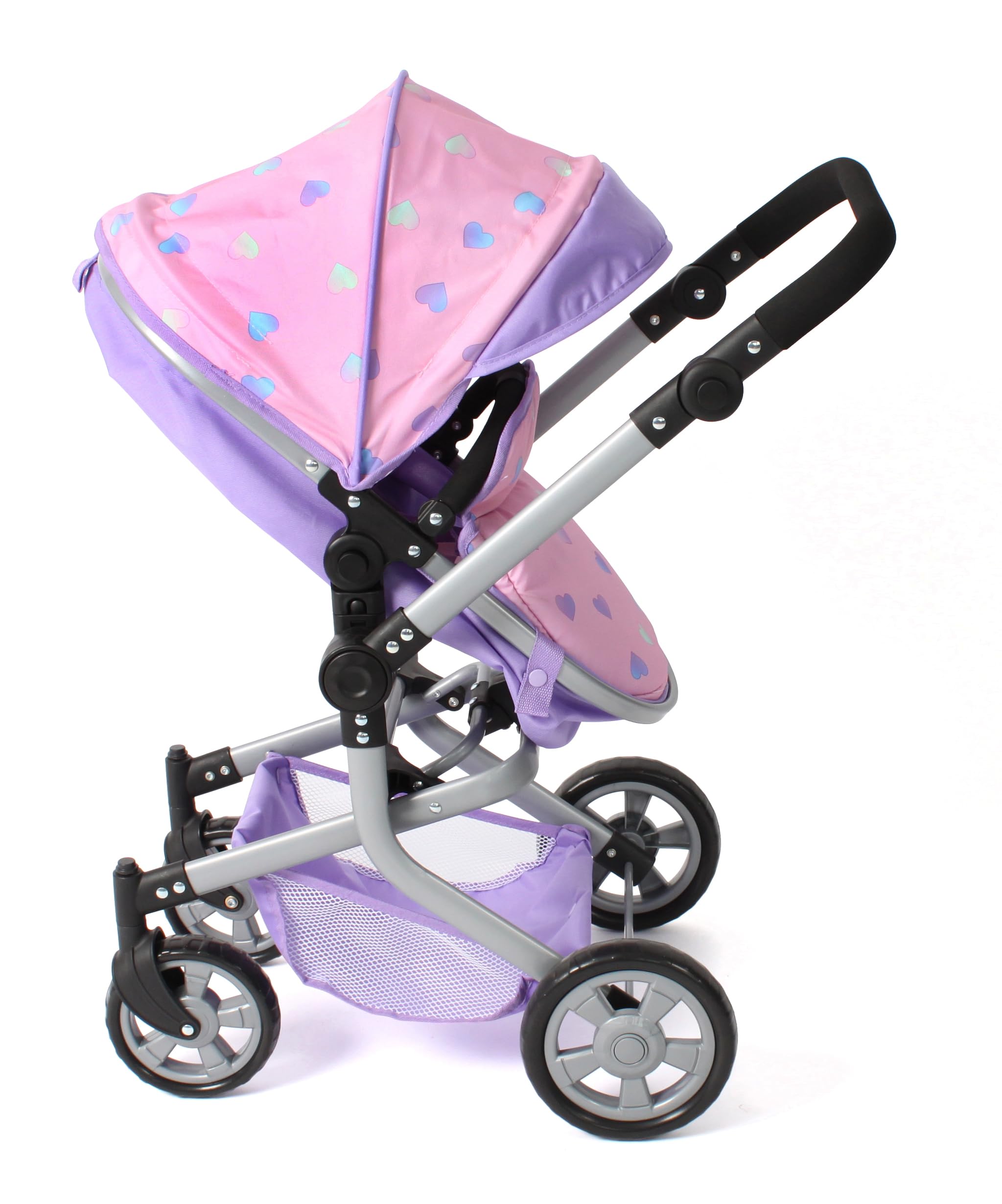 Bayer Chic 2000® Mika wózek dla lalek 2 w 1, fioletowe serduszka, składany, uchwyt z regulacją wysokości 47-80 cm, nowoczesny stelaż, lalki do 52 cm, 4-8 J.