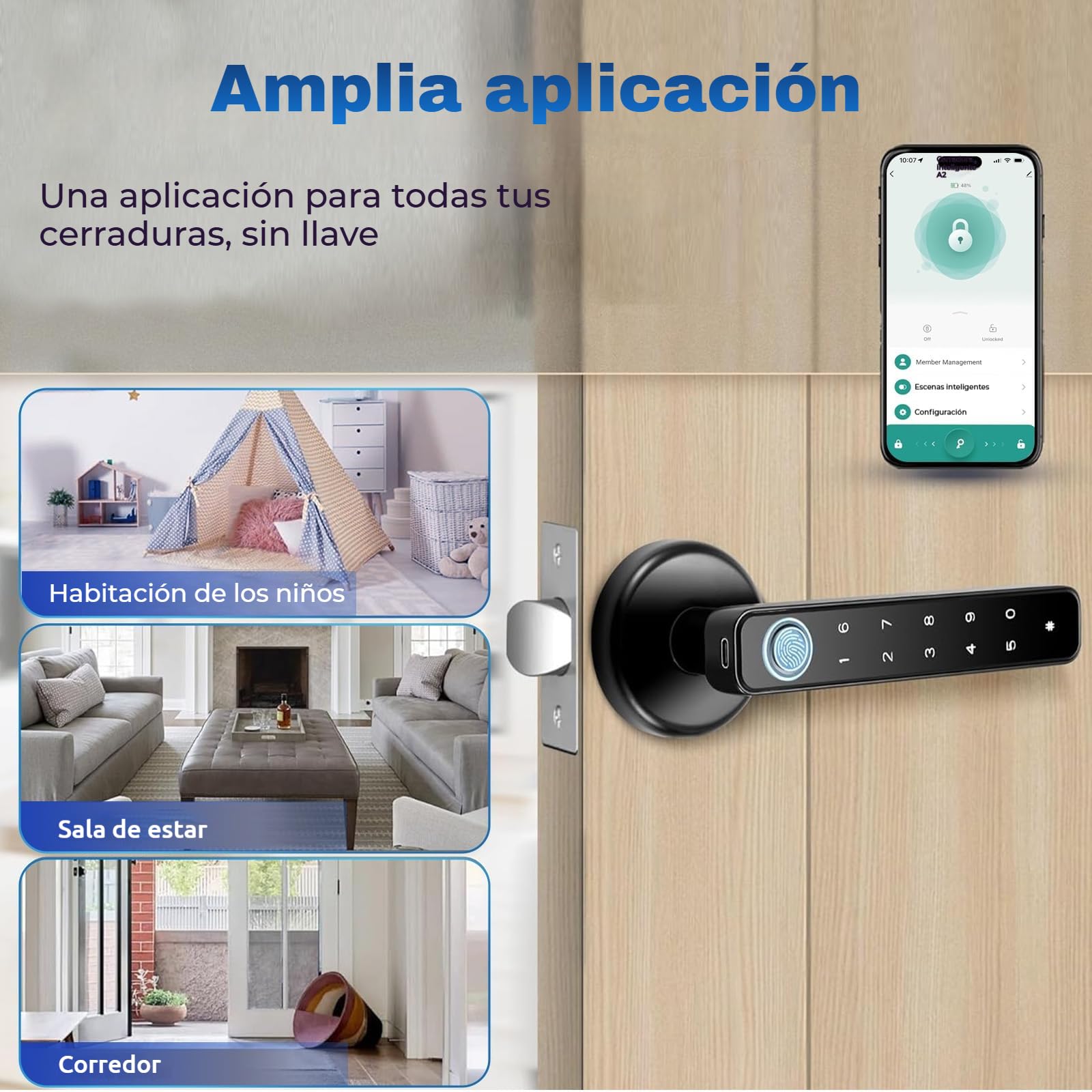 Cerradura Inteligente de Huellas Dactilares,6 en 1 Cerradura Electronica,Tuya App,IC Card, NFC, Huellas Dactilares,Contraseña Digital,Llave Mecánica
