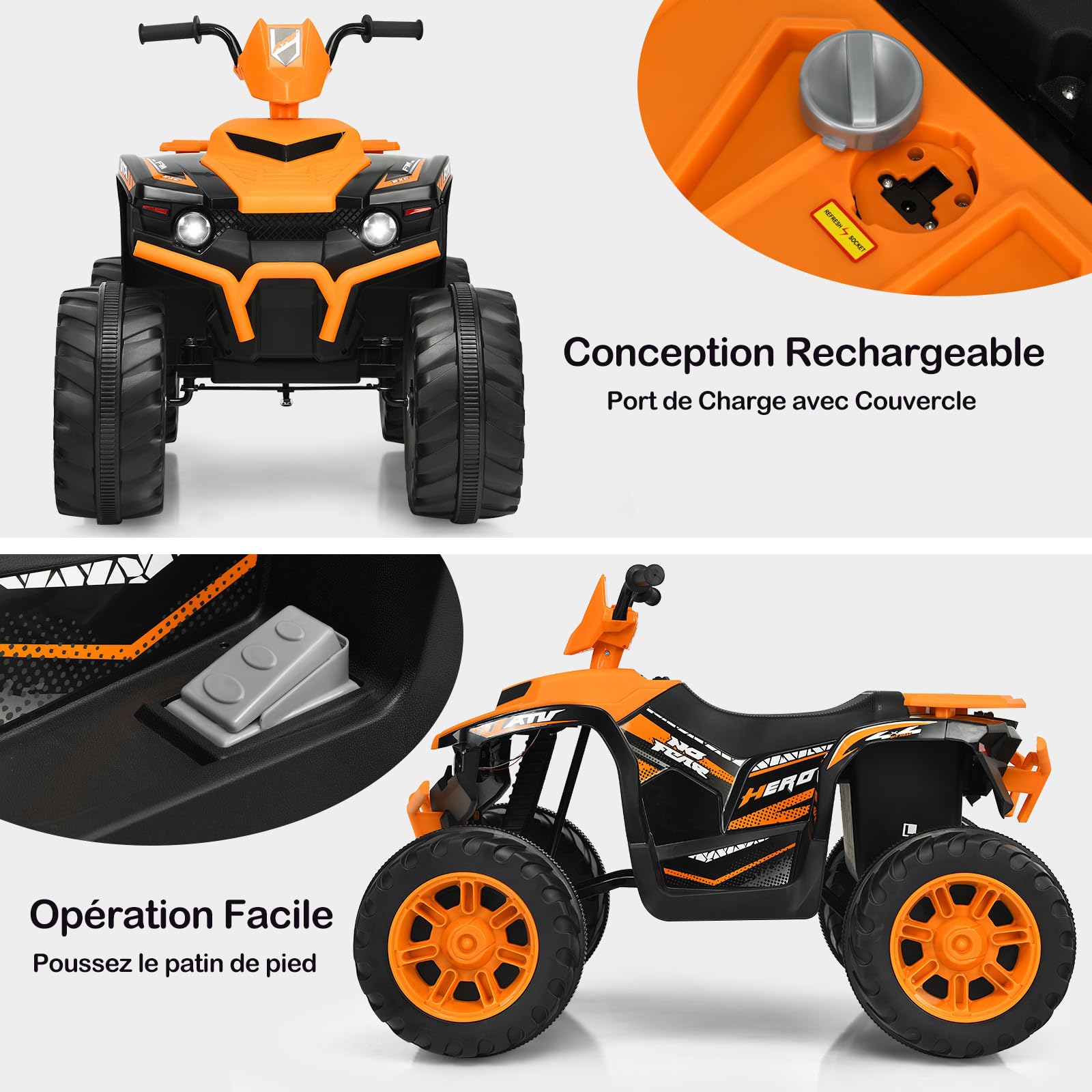 GOPLUS Voiture Quad Buggy Électrique pour Enfant 12V avec 2 Vitesses 2,8-5 km/h, Quad Électrique avec Phare, Klaxon, MP3 et USB, Démarrage Lent, pour Enfants de 3-7 Ans, 104X67X74CM (Orange)