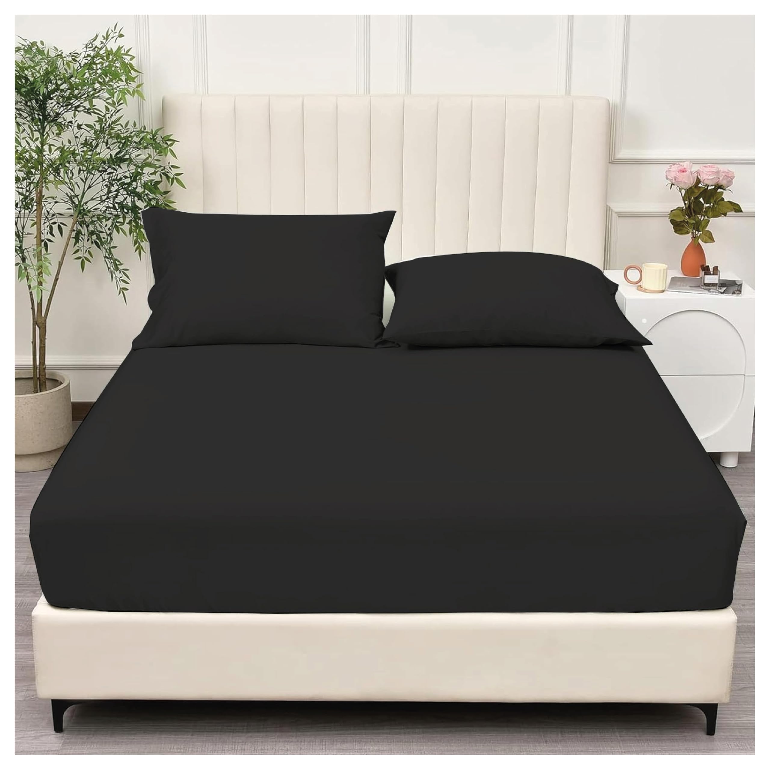 APEX FURNISHINGS Double Fitted Sheet Black, (137 x 190 cm) 12 inch deep pocket 90GSM Soft Brushed Microfiber bedding, Wrinkle-Free, Easy Care 30cm Deep Fitted Bed Sheet. โ image 1