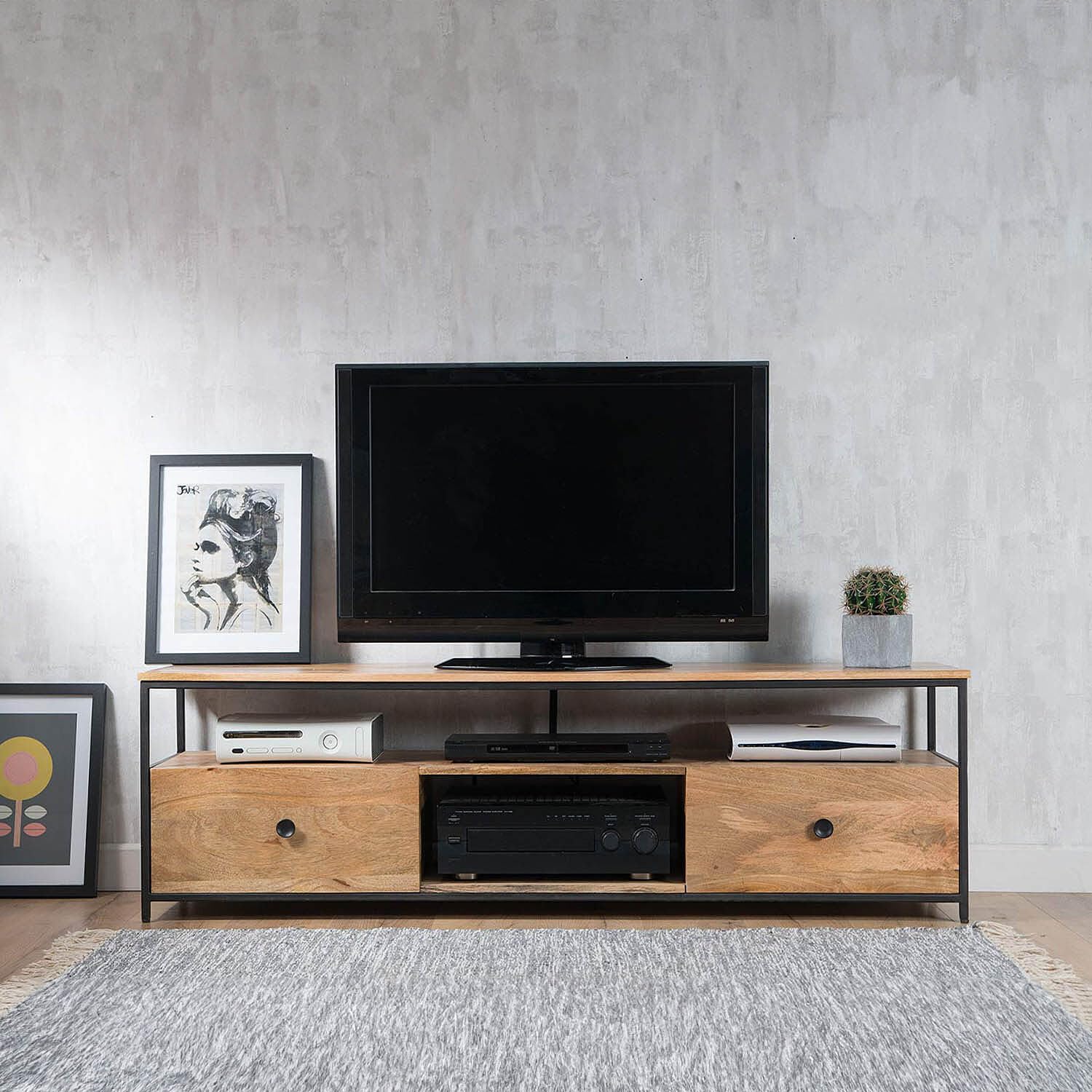 Industrial TV Unit with Mango Wood Top and Metal Frame | 2 Drawers, Open Shelves, Living Room Furniture, Wood and Steel, Media Console-image-13