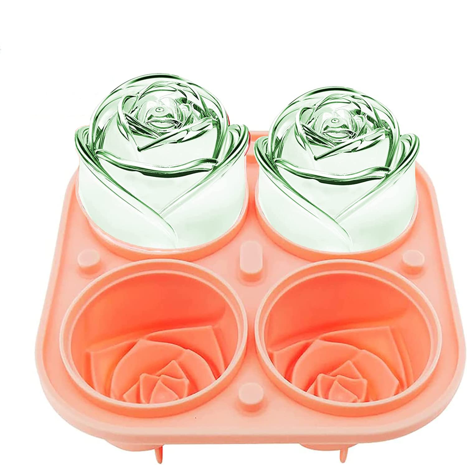 3D Rose Ice Molds 2.5 Inch, Large Ice Cube Trays, Make 4 Giant Cute Flower Shape Ice, Silicone Rubber Fun Big Ice Ball Maker for Cocktails Juice Whiskey Bourbon Freezer, Dishwasher Safe, Pink