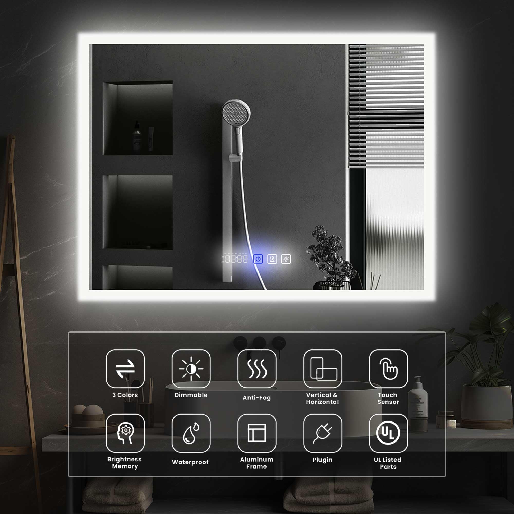 LED Bathroom Mirror, 24x32 Vanity Mirror with Anti-Fog Function, 3 Dimmable Colors, Memory Function, Wall-Mounted Lighted Mirror(Horizontal/Vertical)